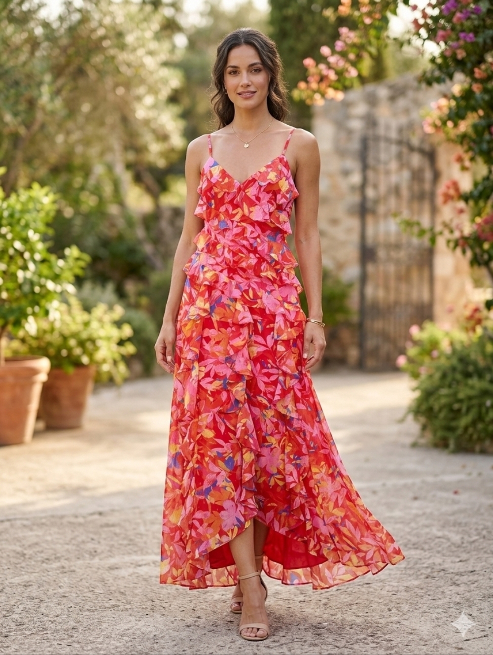 Eliza J Coral Orange Floral Ruffle Maxi Dress